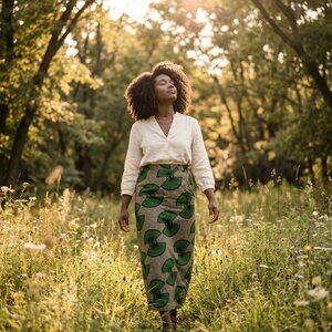 Excellent Women's Green Japanese Fans Print Jeweled Button Midi Skirt Size S